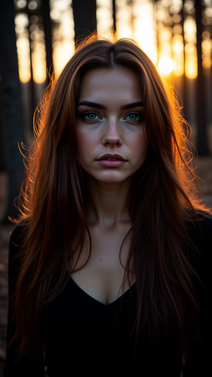 photograph, As the sun begins to set, a woman with long brown hair and piercing lavender colored eyes wanders through a dark wood. Fujicolor Superia X-TRA 400, 50mm, aidmaMJ6.1, aidmafluxpro1.1, aidmaimageupgrader