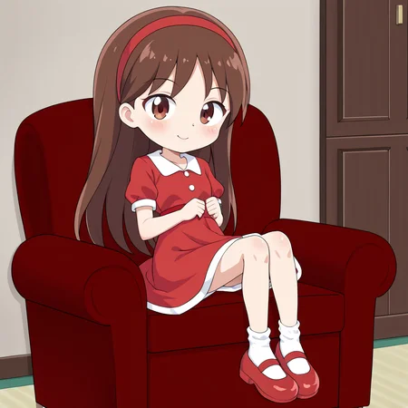 indoors,  <lora:Narizinho_Sítio_do_Pica-Pau_Amarelo:.8> narizinho, 1girl, solo, , brown long hair, red headband, white undershirt, red dress, white socks, red shoes, sitting in armchair,