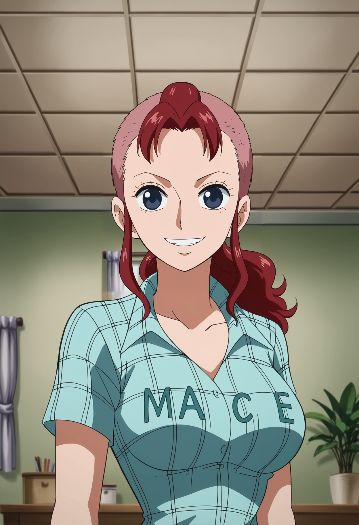 <lora:Bellemere-One_Piece_Episode_of_Nami:0.8>,Bellemere,mature female,1girl,solo,red hair,long hair,blue eyes,ponytail,breasts,shirt,upper body,looking at viewer,indoors,smile