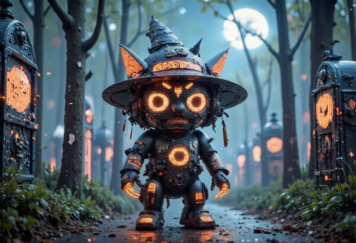 A peculiarly adorable creature with a spooky yet charming demeanor, standing in a dimly lit, Halloween-inspired environment. The creature, a cross between a cat and a bat, boasts vibrant neon fur that shimmers with an <lora:artHW24NEON:1> color scheme, casting an eerie yet playful glow. Its wide-brimmed witch hat, embellished with a candy corn band, tilts slightly to one side, revealing a pair of bright red eyes that gleam with a mischievous twinkle. The creature's fangs peek out from its open mouth, which is curled into a grin that suggests both friendliness and a hint of menace. Above the mouth is a distinctive scar that runs from the right corner of the upper lip to the left side of the snout, lending an air of mystery and adventure. The scene is set in a whimsical graveyard with a twist, as the tombstones are decorated with smiling jack-o'-lanterns and the trees are draped with colorful streamers rather than cobwebs. The overall atmosphere is one of creepy-cute allure, blending the macabre charm of Halloween with the endearing aesthetic of a whimsical masquerade ball. The creature's pose is curious and inviting, as if it's ready to share a spooky secret or lead you on a trick-or-treating escapade. The vibrant colors and soft shadows create an enchanting tableau that captures the essence of the holiday while keeping it lighthearted and fun.
