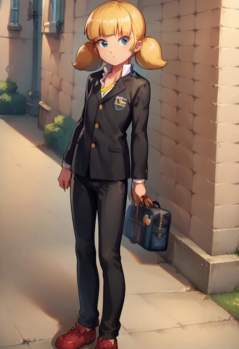 score_8, score_8_up, score_7_up, score_6_up, source_cartoon, BREAK, 1girl, solo, female focus, penny_ig, blonde hair, twintails, blue eyes, flat chest, gakuran ,school uniform, black uniform, black pants, long sleeves, pants, crossdressing, full body, standing, street, outdoors, looking at viewer