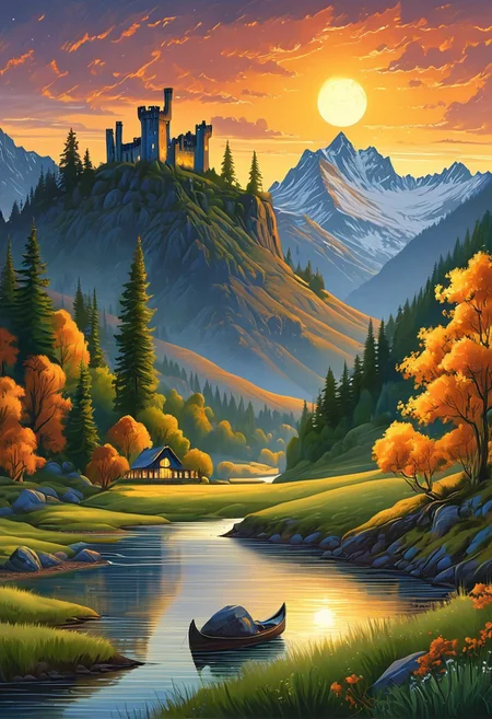A captivating night scene illustration featuring a beautiful scene of the great out doors in the pacific northwest..   There are great mountains, pine forests, and rivers.  It is an outdoorsman's dream.  This enchanting artwork captures a serene and peaceful night, where the sun is just starting to rise over the beautiful hills and castle which   stands resolute amidst hills of Wales, creating a cinematic experience., illustration, cinematic
<lora:DonM3t3rn1tyXL-v1.1:0.7>, DonM3t3rn1tyXL,
OverallDetailXL  <lora:MJ52:0.3>  <lora:SDXLFaeTastic2400:0.4>  <lora:EpicF4nta5yXL:0.7>