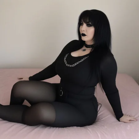 goth mommy, sitting on bed, black tights, black shirt, chains