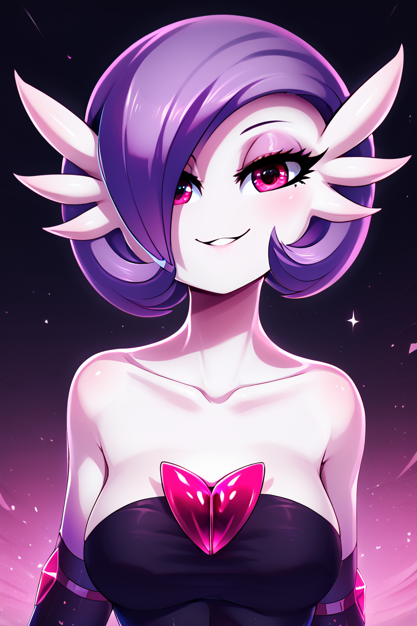 score_9, score_8_up, score_8, medium breasts, (curvy), cute, eyelashes,       BREAK, , zzshinygardevoir, purple hair, dress, bare shoulders, medium breasts, standing, collarbone, black dress, gloves, elbow gloves, strapless dress <lora:Shiny_Mega_Gardevoir_PDXL:1.0>,    , BREAK, looking at viewer, ,,, smile, upper body, leaning forward, head tilt, ,,, embedding:zPDXL, Expressiveh, ,,, <lora:theButcherXPDXL:0.8>, <lora:CatalystStylePDXL:0.6>, <lora:SDXLFaeTastic2400:0.5>, <lora:Expressive_H-000001:0.4>,
