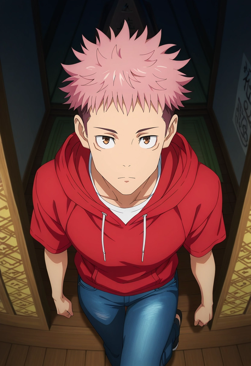 masterpiece, best quality, , anime screencap, , official style, looking at viewer, 1boy, solo, male focus, <lora:yuuji_itadori_ilxl:0.92>, yuuji_itadori, pink hair, brown eyes, short hair, undercut, spiked hair, red hoodie, from above, pyramid, indoors, dark, standing on one leg, expressionless, Tangerine Carpenter jeans, Mock neck T-shirt, , ,