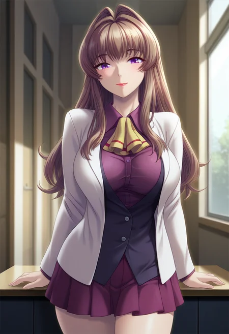 masterpiece, best quality, amazing quality, 1girl, solo, cowboy shot, minaww, purple eyes, brown hair, long hair, hair intakes, large breasts, lipstick, white blazer, purple shirt, long sleeves, ascot, purple pleated skirt, looking at viewer, smile, indoors, day, skindentation, detailed clothing folds, depth of field, sharp, high contrast, dynamic light <lora:Kazuki_Mina_Yuumei_Sakai_o_Koto_ni_Suru_ill:0.9>