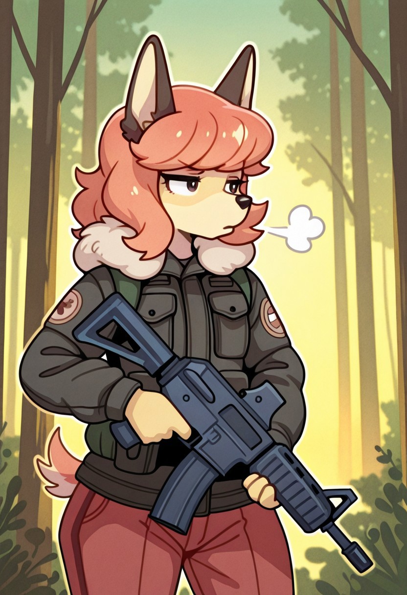 solo. furry,
flam_kish, kemono, furry female, animal ears, dog ears, dog tail,
black down jacket, fur hood,
forest background, morning,
assault rifle, holding assault rifle,
looking aside, shisigh, sigh, puff of air,