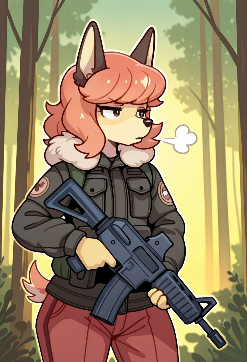 solo. furry,
flam_kish, kemono, furry female, animal ears, dog ears, dog tail,
black down jacket, fur hood,
forest background, morning,
assault rifle, holding assault rifle,
looking aside, shisigh, sigh, puff of air,