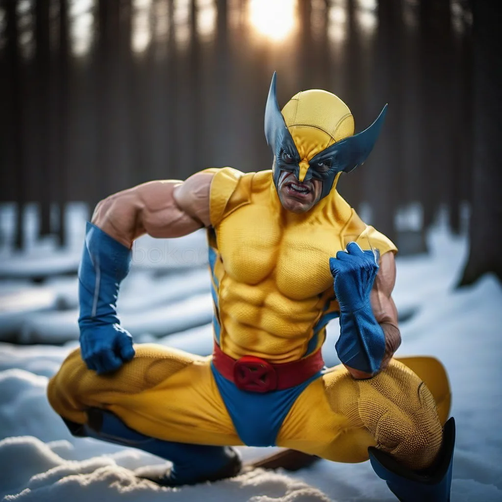 WolverineV2-1024, a man dressed as wolverine,side view, in winter canadian forest, highly detailed, photography, ultra sharp, film, bokeh, professional, 64k <lora:WolverineV2-1024-000350:0.8>