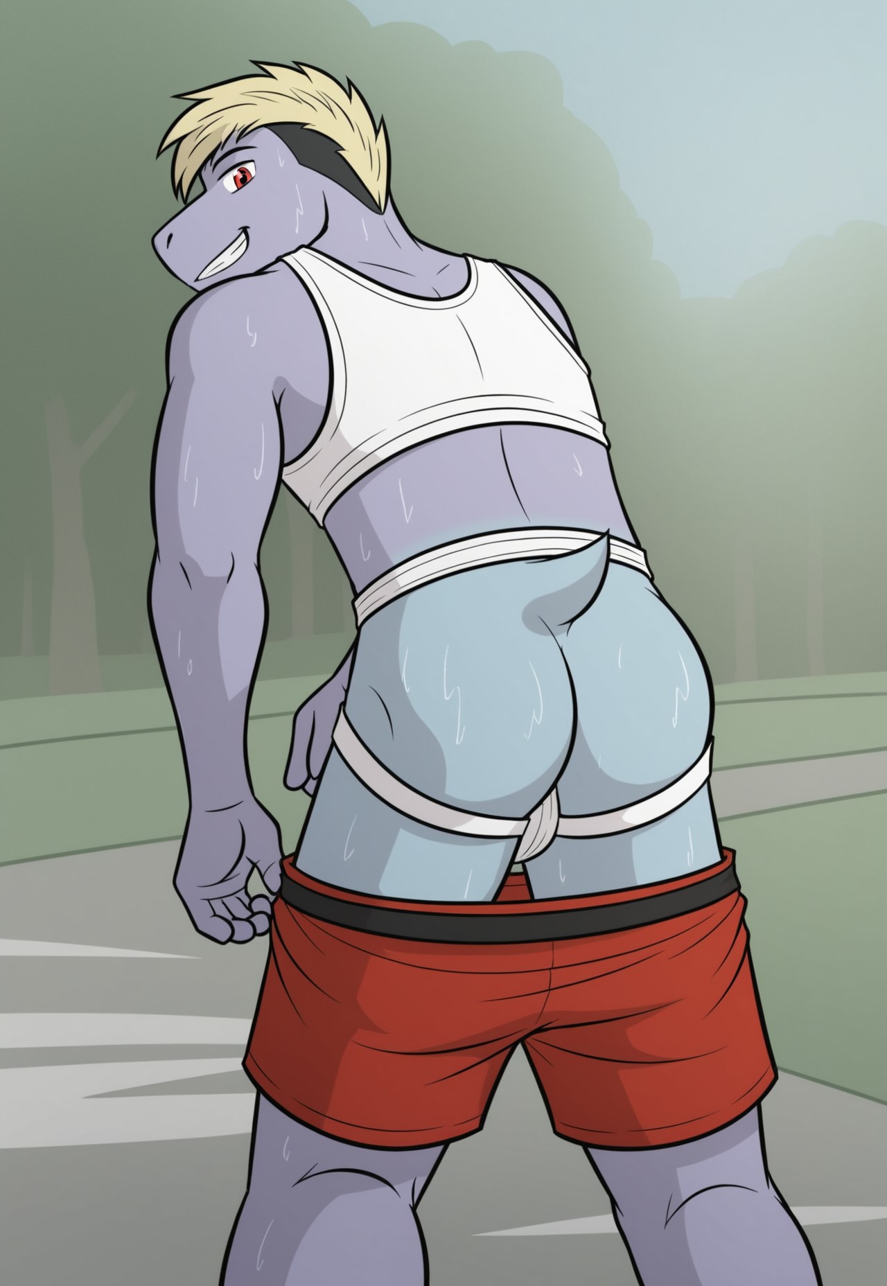 safe_pos, artwork, digital artwork, colourful source_e621, score_9, score_8_up, score_7_up, score_6_up, score_5_up, score_4_up, solo, Rex, male, machop, pokemon, red eyes, white sclera, blonde hair, short hair, low view, from behind, looking back, looking overshoulder, overshoulder, looking at viewer, looking down, ass, ass focus, after excersice, sweat, sweating, sweaty, tanktop, jockstrap, shorts down, detailed, detailed background, outdoors, outside, park, clothed, clothed, perfect eyes, perfect face, perfect mouth, perfect teeth, natural lighting,