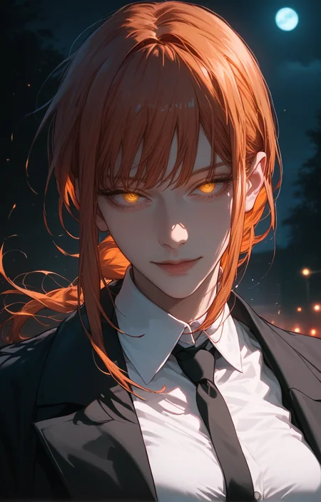 <lora:Expressive_H:1>,source_anime,score_9,score_8_up,score_7_up,score_6_up,score_5_up,score_4_up,
1girl,solo,style of chainsaw man,<lora:age_slider_v4:1.4>,tall female,long hair,bangs,pale skin,curvy,medium breasts,(smile:0.5),looking at viewer,black background,dark background,(dark theme:1.2),low light,(upper body:0.8),white collared shirt,buttons,black necktie,black formal pants,yellow eyes,orange hair,makima \(chainsaw man\),glowing eyes,black coat,close-up,(half-closed eyes:0.8),sidelighting,night,
