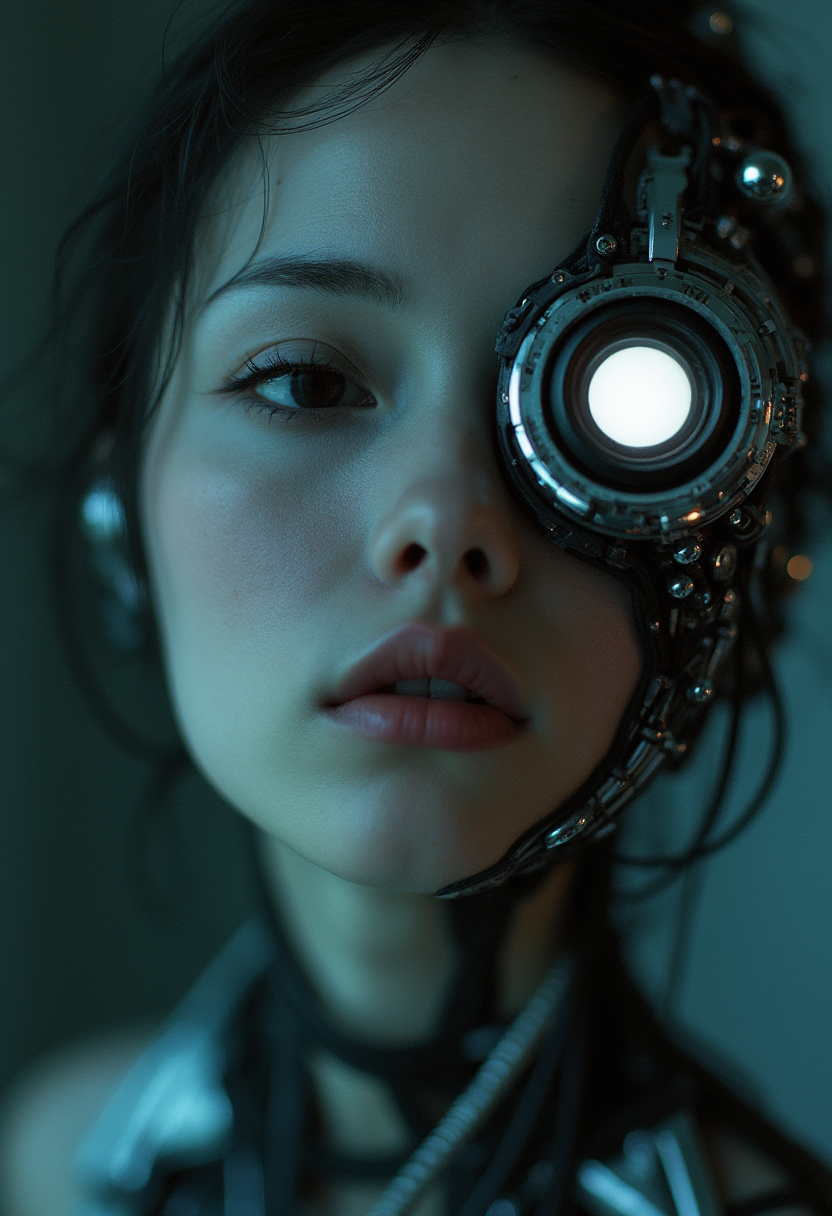 Yuri Shwedoff
woman (cyborg:1.35) (black void eyes contact lens:1.3) by Tony Conrad ,Biopunk, , shallow depth of field, vignette, (Fiber optic light painting) (Fujicolor Superia X-TRA 400:) (Light tracing) (Dramatic lighting)