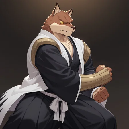 masterpiece, best quality, amazing quality, 1boy, solo, Sajin Komamura, bara, yellow sclera, Kimono, armor, fighting stance,