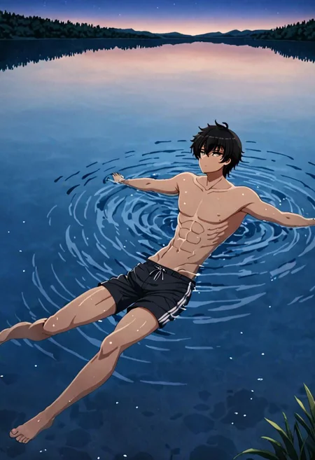 high resolution, solo, best quality, 1Boy, Seiya Kanie, black hair, short hair, thin, swimming, natural lake, clear water, shirtless, shorts, sixpack, twilight, OverallDetail