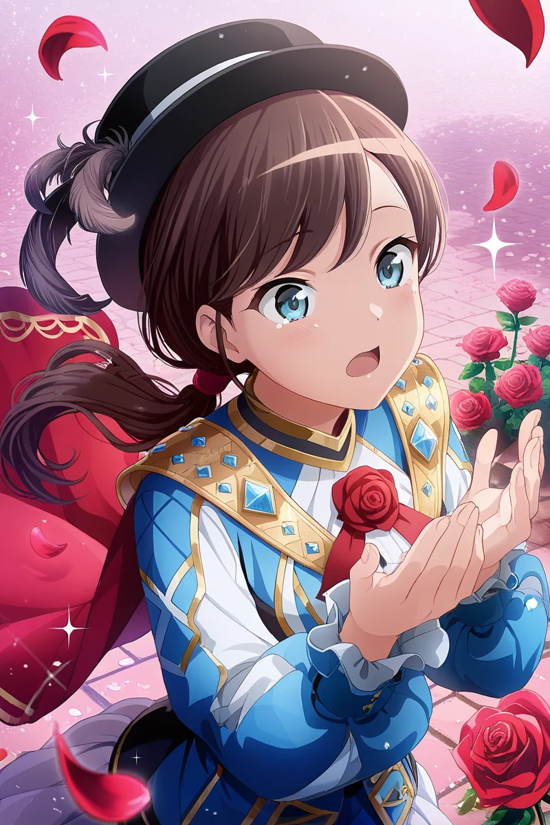 masterpiece, best quality, amazing quality,
 <lora:Koharu_IL:1> koharu, 1girl, solo, petals, hat, low ponytail, flower, blue eyes, open mouth, ponytail, long hair, rose, rose petals, long sleeves, brown hair, cape, sparkle, feathers, outdoors, bangs