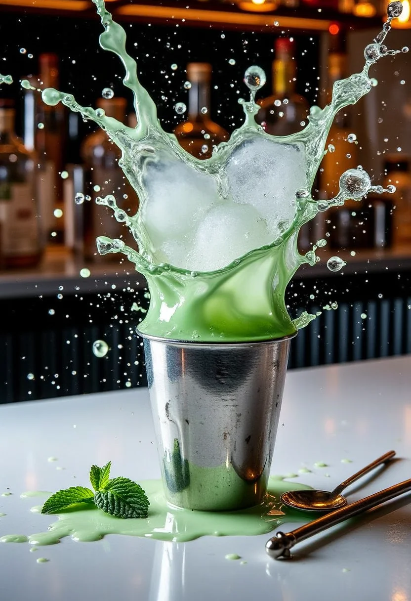 yfg-c0ff, A gush of icy mint julep, forced from a squeezed silver cup, creates a refreshing spray against a polished bar top. The julep, captured in a moment of minty eruption, forms a cloud of tiny ice crystals, reflecting the bright ambient lights. A few stray mint leaves and a cocktail stirrer lie scattered on the counter, adding to the mixology scene. The cup, now dented, lies on its side, its polished surface partially obscured by the spilled julep. The background is a trendy bar, with backlit bottles and a lively atmosphere.