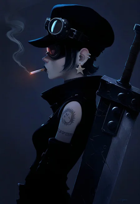 masterpiece, best quality, good quality, newest, very awa,
1girl, hat, goggles, Buster Sword R5, tattoo, goth, side view, smoking, star earrings,