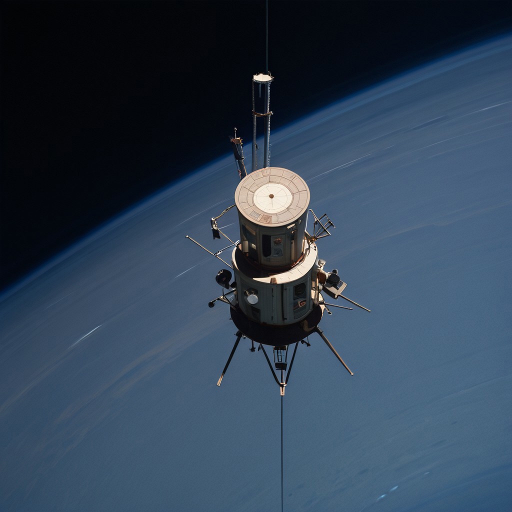 60's, american, lander, Spaceflight, an image of a space station in the sky, general, no humans, from above, chair