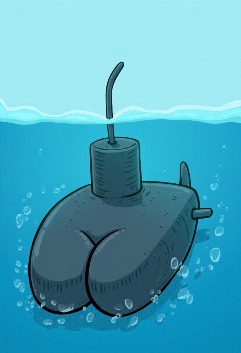 <lora:Butts_on_Things_Brian_Cook_FLUX-000018:1.0>
Cartoon illustration of a submarine in the ocean, with a pair of cartoonishly large, round buttocks.
