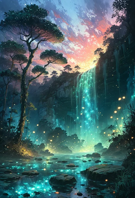 (by Ellen Jewett:1.5), (Bioluminescent Impressionism, Asian Landscape, Tmeples with great beams of light shooting up into the sky,  sky sunset, sunrise ,waterfall, ethereal landscapes, depth of field, biotech emotion:1.3) <lora:xl_more_art-full_v1:0.5> <lora:add-detail-xl:1> <lora:RMSDXL_Creative:2>