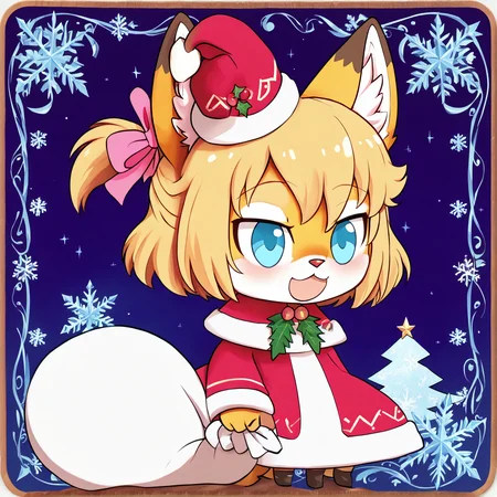 padoru <lora:padoru-IL-1.0:1>, <lora:Katinka_v01_PDXL:1>, masterpiece, perfect quality, best quality, anime coloring, 1girl, solo, padorumeme, padoru, simple dark blue background, Katinka, 1girl, solo, short hair, blonde hair, animal ears, fox ears, furry female, fox tail, blue eyes, hair bow, pink bow, fox girl, white fur, animal nose, bangs, body fur, two-tone fur, christmas background, score_9, score_8_up, score_7_up, score_6_up, score_5_up, score_4_up,