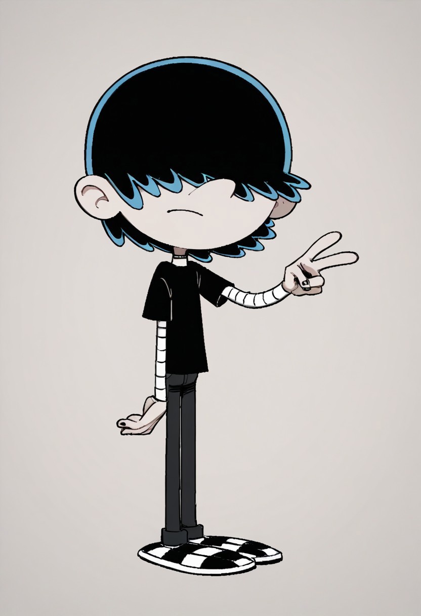 (score_9 | score_8_up | score_7_up) ((masterpiece:1))(best quality,very high quality,ultra detailed:1.2) (2D,cartoon style,anime style)(Smooth:2)(clean blurring) (four fingers on each hand,one thumb on each hand:1), Lars Loud, solo, 1boy, black hair, hair covers his eyes, pale grey skin, black shirt over a white turtleneck with black stripes, black pants, black And white checkered shoes