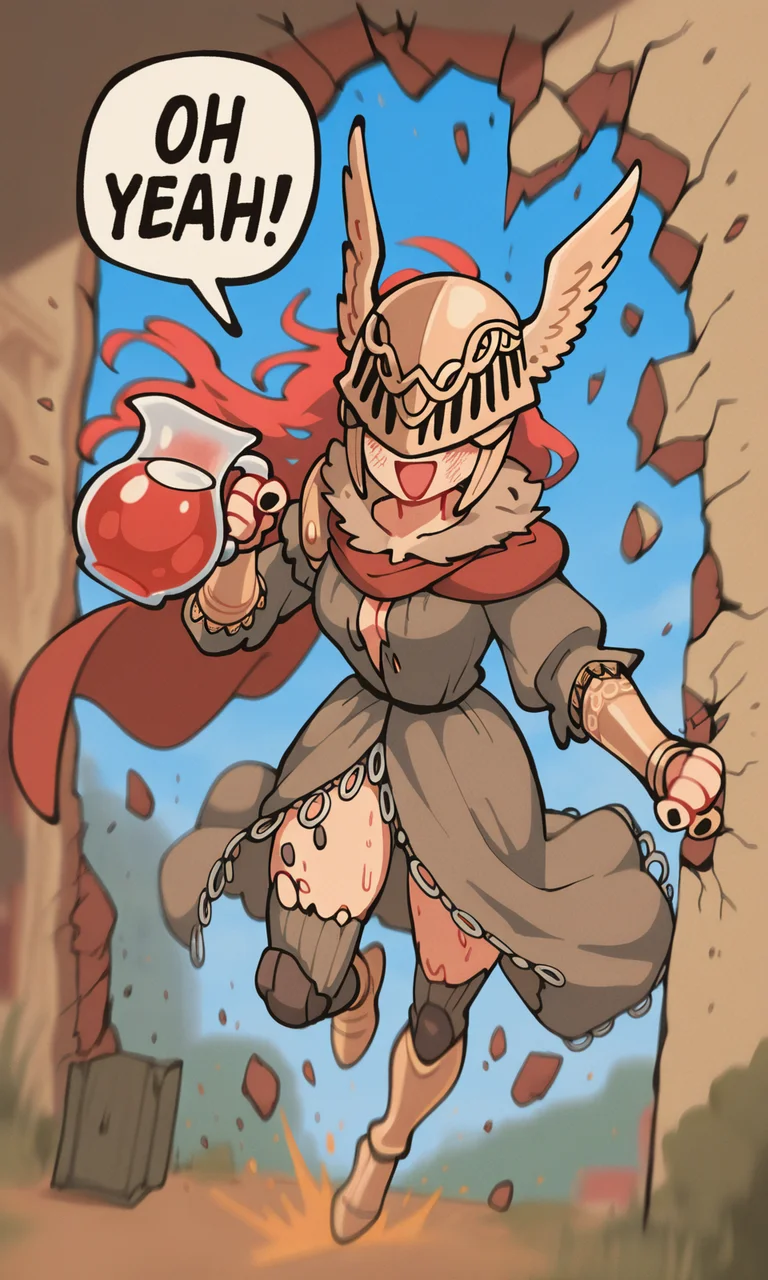 embedding:IllusP0s, OH YEAH!, breaking through wall, holding pitcher, speech bubble, debris, malenia blade of miquella, winged helmet, covered eyes, open mouth, happy, midair, motion blur, blurry background, wwafr,<lora:wwafr-10.safetensors:1.2:1.2> <lora:OH YEAH_Illustrious.safetensors:1.0:1.0>