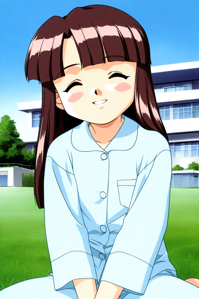 general,highres, ultra-detailed,very aesthetic,best quality ,best hands, BREAK <lora:Sakurai_Miyuri_Suchie-Pai_Ver2.0_IS:1>
Sakurai_Miyuri, 1girl, solo, brown hair, long hair, closed eyes, blunt bangs,ãparted lips,
smile,
light blue pajamas, v arms,
blue sky, day, grass. outdoor, hospital building,