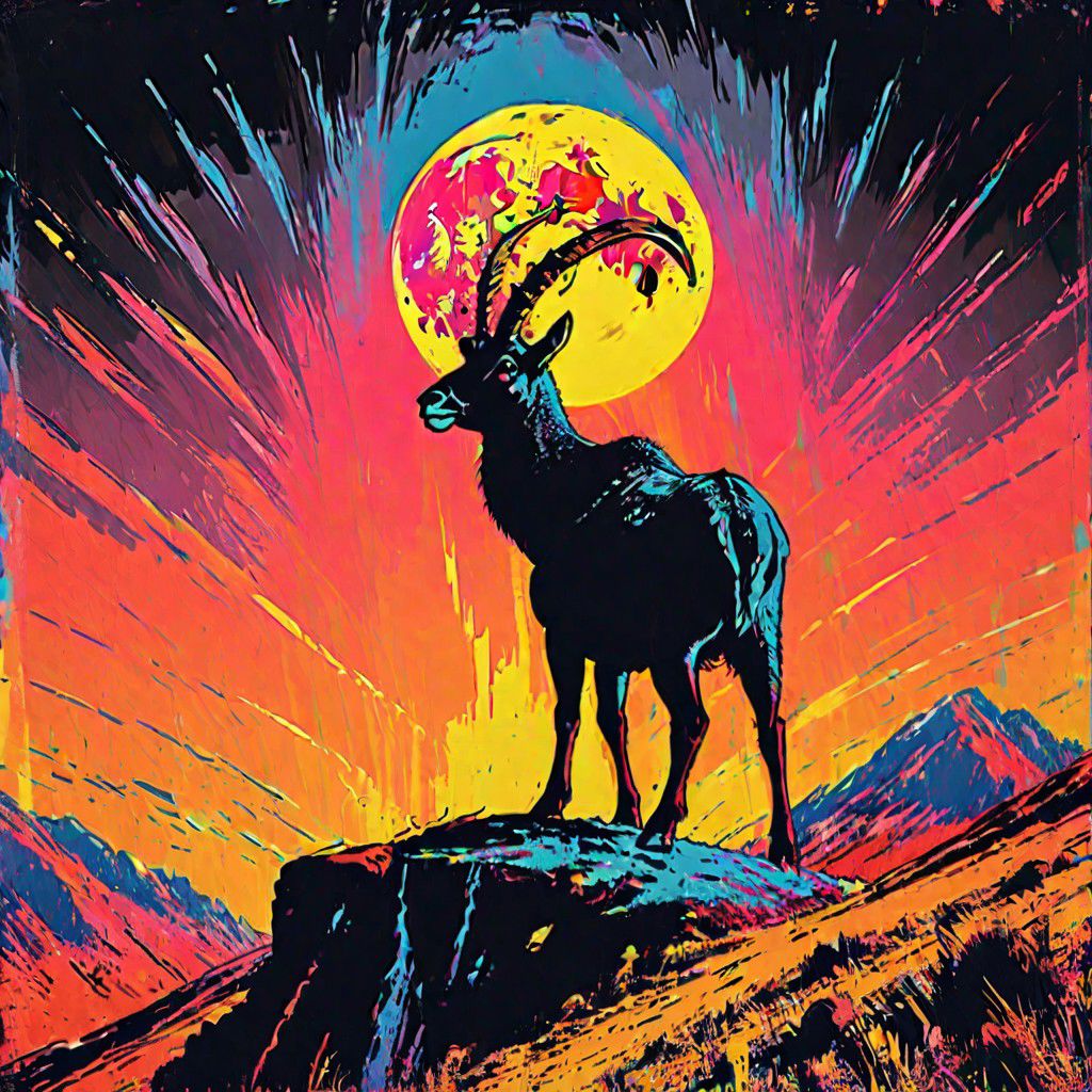 impactful color paint of, 1 walia ibex standing on top of a cliff under 1 white moon, black silhouette against white moon, black cliff, black  sky, highly detailed, vibrant colors, 8k, sharp, professional, clear, high contrast, high saturated, vivid deep blacks, crystal clear