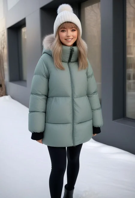 (quilted down coat:1.4), (quilted puffer coat:1.4), (quilted winter clothes:1.4), (puffer hood up:1.4), (down hood up:1.4), (very snowing, very cold:1.4), (full body, ankle winter boots:1.4), (city, street, winter, snow:1.4), (snowing clothes:1.4), walking, daytime, sun, sunlight, (leggings:1.4), thigh boots, green eyes, tsurime, blonde hair, streaked hair, medium hair, light smile, straight hair, dyed bangs, sidelocks, beanie, eyelashes, eyeliner, masterpiece, high quality, best quality, beautiful lighting, realistic lighting, beautiful eyes, beautiful hair, beautiful face, detailed face, high quality face, realistic background, detailed background, (hands behind back:1.5), (from front:1.5), cuffs, collar, (Thick padded cuffs:1.4), (Thick padded collar:1.4), <lora:Collar-SDXL:0.75>, <lora:Cuffs-SDXL:0.75>, <lora:fashion_lora:0.6>