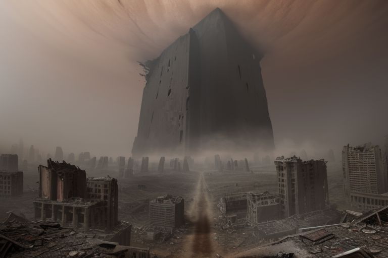 realistic, hyper-realistic, ultra detailed, 8k, photo,  
Wasteland city ruins, Collapsed modern city to ruins, red dust in every corner, very low vegetation, Collapsed city,  ruined dark skyscrapers in distance, duststorm in sky, 
Dark sky, cloudy sky, 
huge shiny black monolith in the far distance, 
 some bone pieces in the ground,