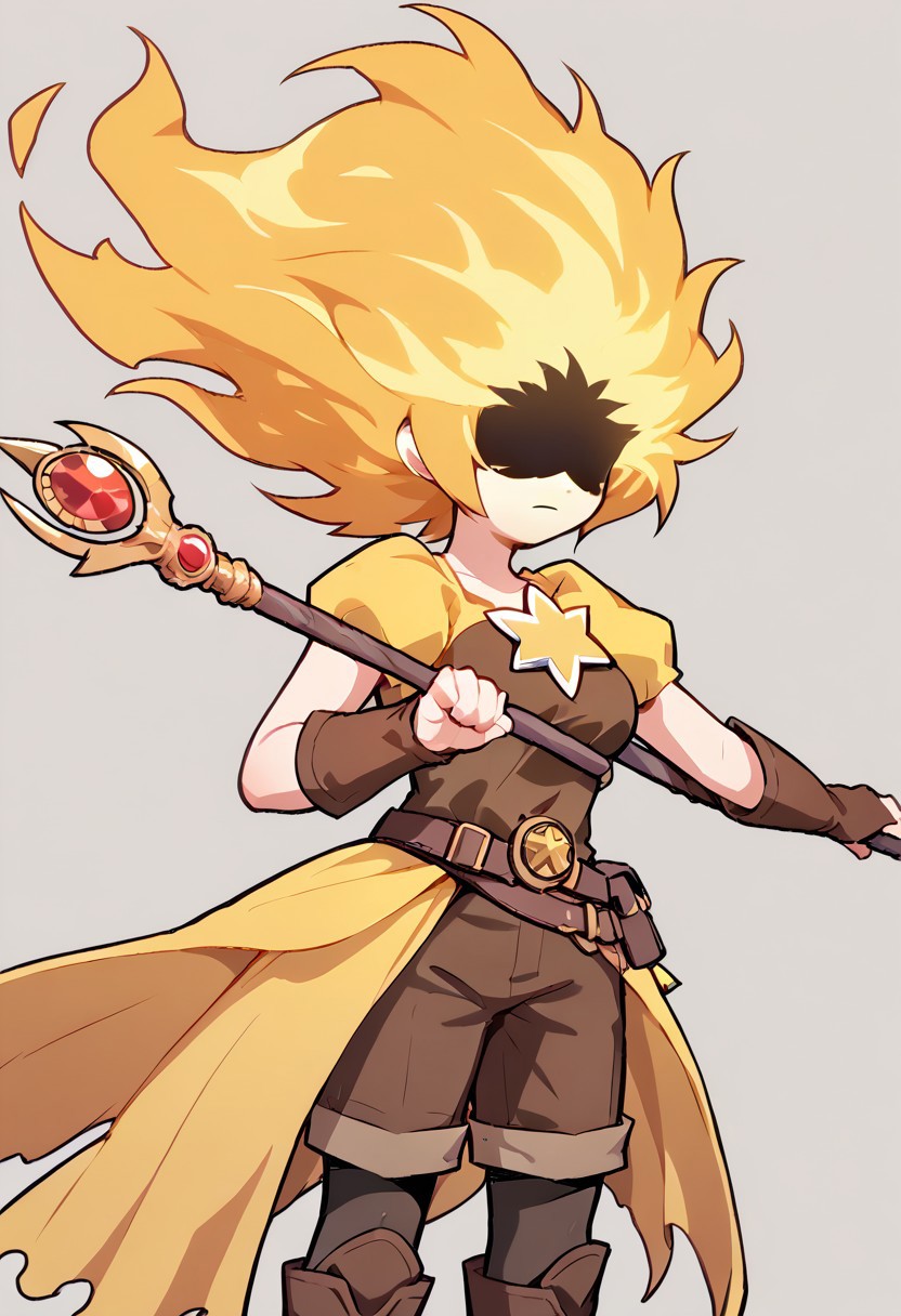score_9, score_8_up, score_7_up,
lord_of_frenzy, fire head,
holding magic spear,
novakin, faceless, no eyes, no mouth, no nose, no facial features, short fiery yellow orange hair, body made of black plasma,
magical girl outfit, steampunk dress, boots, brown shorts, black tights, medium breasts, belt,
simple background, grey background,