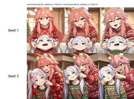 <lora:illustriousXLv01_stabilizer_v1.165c:0.8>2girls,tamamo \(fate\),fox ears,pink hair,smile,yellow eyes,frieren,white hair,green eyes,anger vein,upper body,open mouth,Christmas sweater,cheek pull,indoors,masterpiece,