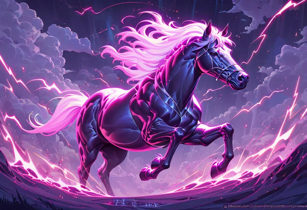 Realistic painting of a large horse galloping powerfully across a vast steppe, with dynamic ray tracing capturing the sunlight filtering through an expansive sky, by artists inspired by the detail and lifelikeness of George Stubbs and the dynamic compositions of Frederic Remington, cinematic composition, trending on ArtStation
BadDream, anzhcdreamwave, aesthetic, glowneon, glowing, sparks, lightning