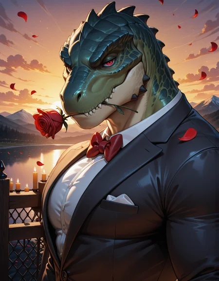 solo, anthro, male focus, muscular, suit, red bowtie, tyrannosaurus rex, red rose in mouth, red eyes, green skin, seducing viewer, closed mouth, pupils, seductive, looking at viewer, candles, masterpiece, perfect quality, best quality, detailed, newest, very aesthetic, sunset, mountain, river, volumetric lighting, petals, fence, <lora:noobai_ep11_stabilizer_v0.138_fp16:0.8>