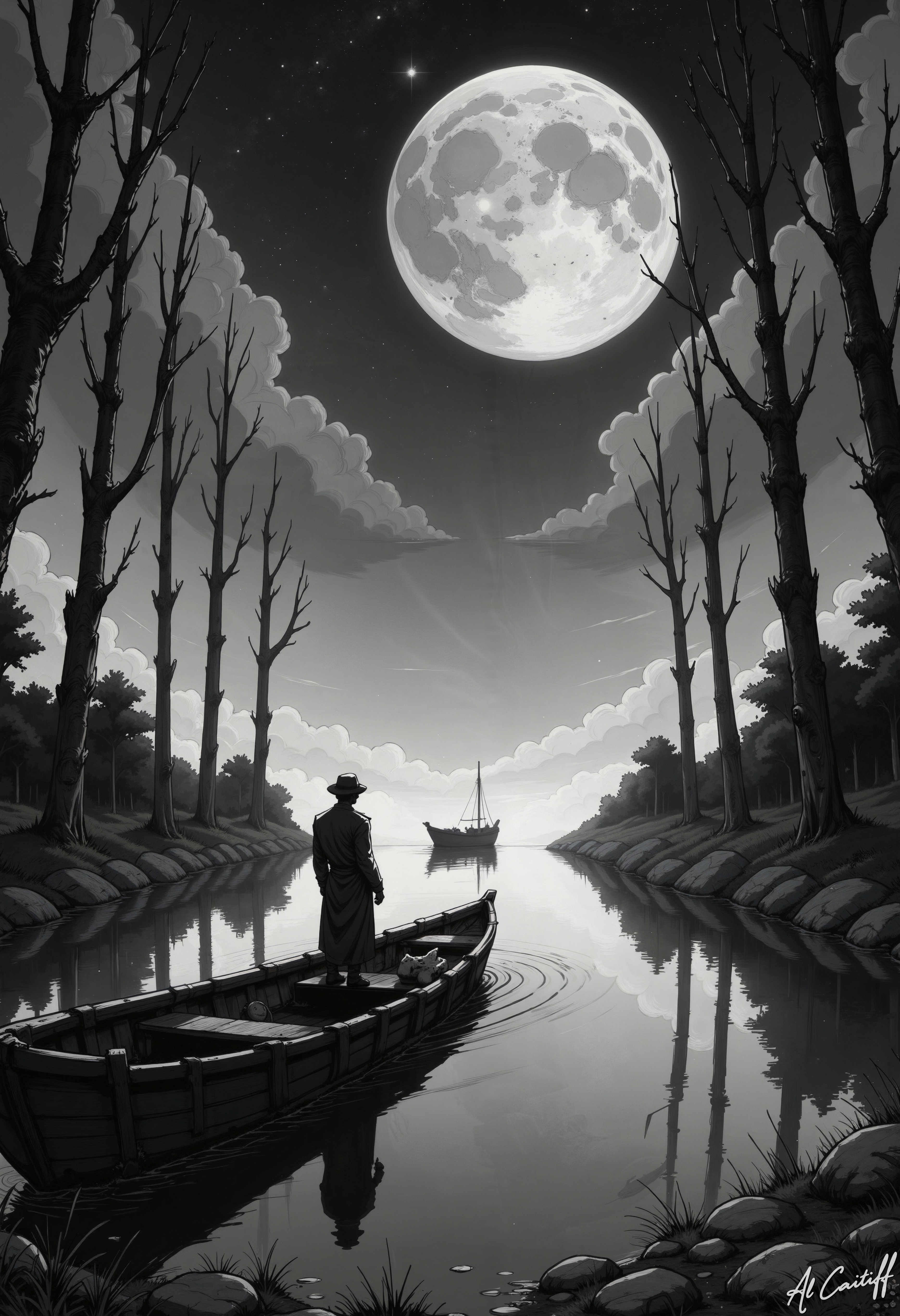 MysticComic, In the hauntingly beautiful monochromatic landscape, a majestic full moon hangs low in the sky, casting an ethereal glow on the serene waters. The silvery light dances across the ripples, creating a mesmerizing pattern of light and shadow. In the foreground, a weathered wooden boat, its hull worn by time and water, lies gently afloat on the tranquil lake. A solitary figure, shrouded in darkness, stands at the bow, gazing out into the misty distance.  The surrounding trees, their branches twisted and gnarled with age, stand like sentinels, their reflections rippling on the water's surface. The air is heavy with the scent of damp earth and decaying vegetation. In the distance, a second boat, similar to the first, glides silently across the lake, its occupants invisible in the darkness.  The style of this image is reminiscent of the romanticism of the 19th century, with its emphasis on the sublime and the mysterious. The camera angle is low, looking up at the moon and the trees, creating a sense of awe and reverence. The lighting is soft and diffused, with deep shadows that add to the sense of mystery and foreboding.<lora:CustomFlux/MysticComic-v3.safetensors:1.0:1.0>