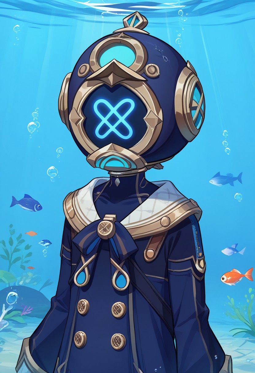 score_9, score_7_up, source_anime 
freminet, 1boy, male focus, solo, helmet, diving helmet, diving suit, jacket, blue jacket, long sleeves, buttons, bow, blue bow, 
diving, air bubble, bubble, light rays, underwater, fish,
outdoor, upper body,