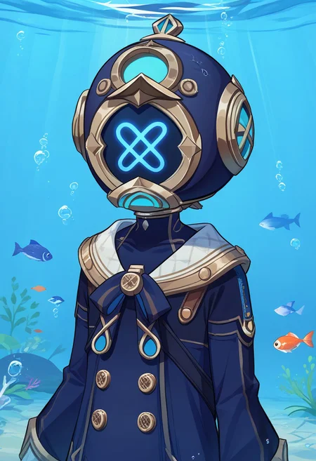 score_9, score_7_up, source_anime
freminet, 1boy, male focus, solo, helmet, diving helmet, diving suit, jacket, blue jacket, long sleeves, buttons, bow, blue bow,
diving, air bubble, bubble, light rays, underwater, fish,
outdoor, upper body,