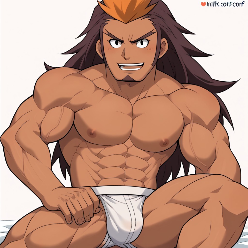 Score_9, cartoon source, toon source, high Quality,  wolfconf,  1boy, solo,  HIJIKATA RAIDEN, Brown hair, black eyes, long hair,  young, muscle body, two-tone hair, dark skin, white jockstrap, goatee.