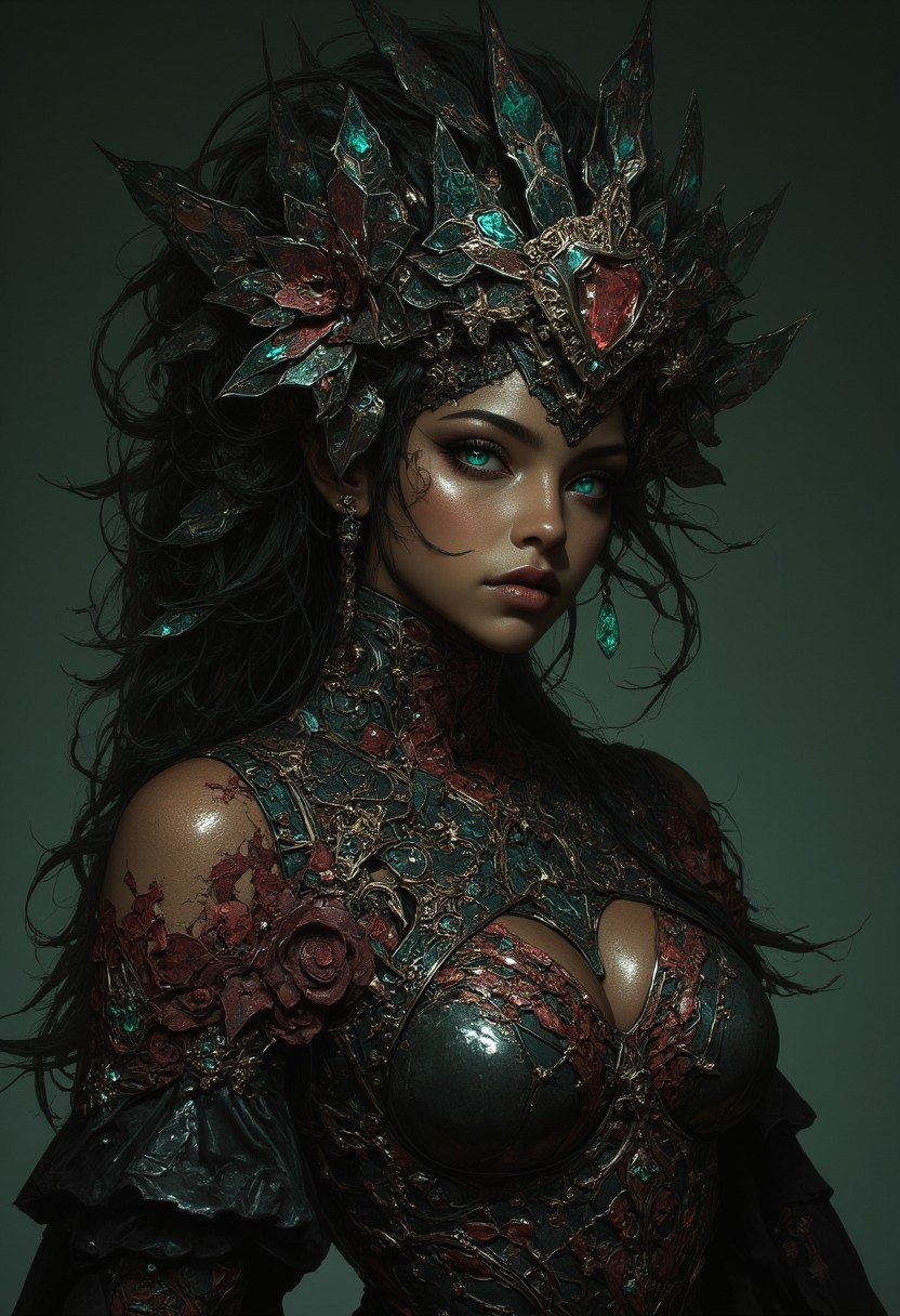 A statue of a african woman made of obsidian, her skin composed of delicate, textured obsidian, with diamond and obsidian carved flowers intricately woven into her hair, her eyes are a bright, glowing green color, and she is wearing a majestic, windy-blown ornate gown with tattered, ruby and obsidian petals, reminiscent of a dark, dystopian world, her face and shoulders illuminated by a soft, ambient glow, as if radiating an otherworldly energy. In the styles of Royo's dark, mystical realism, Artgerm's hyper-detailed, metallic sheen, and Lovecraft's eerie, atmospheric tension, with meticulous attention to intricate textures, dramatic shading, and a sense of haunting, ethereal beauty.