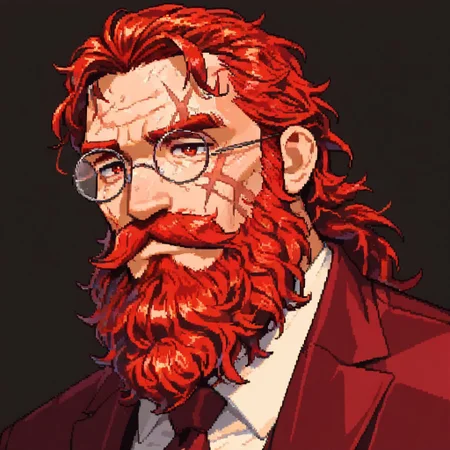 masterpiece, best quality, newest, absurdres, highres, DPAV1.0, pixel art,
1boy, glasses, red hair, suit, round glasses, beard, facial hair, mustache, scar, scars on face