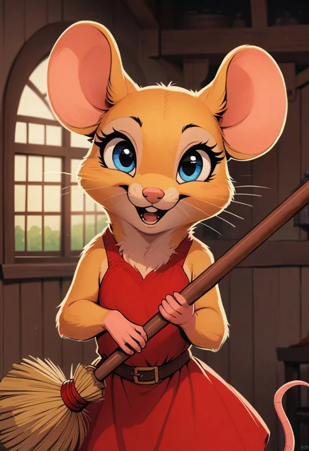 score_9, score_8_up, score_7_up, score_6_up, score_5_up, score_4_up,
[][][][][]
flat color, in the style of Beatrix Potter,
[][][][][]
feral, female, solo, mouse, fluffy fur and cheeks, short sleeveless red dress, yellow fur, yellow ears, bright blue eyes, cel-shading, happy and content expression, ((looking at viewer)), cottage, (holding broom), irresistibly cute, (upper body shot:1.5), backlit
[][][][][]
(feral:1.8), [[side view]], (cute), indoors