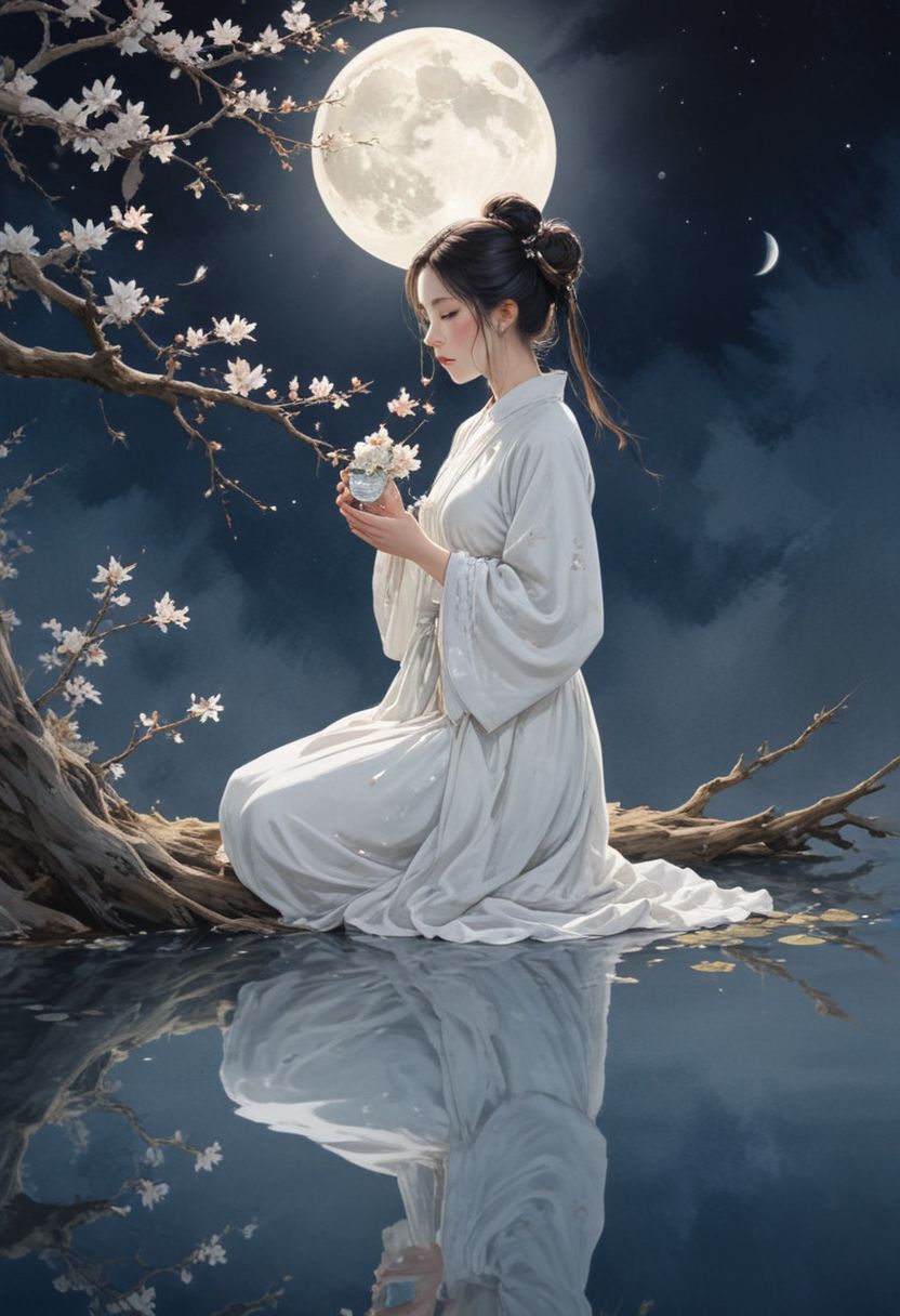 (WaterColour paint effect), -Hanama wine, 1girl, moon, long hair, solo, black hair, dress, branch, hair bun, flower, reflection, chinese clothes, hair ornament, jewelry, bird, earrings, full moon, water, white dress, holding flower, holding, long sleeves, closed eyes, single hair bun, ripples, sky, looking down, full body,anime, <lora:Paint_Effects_SDXL_-_By_DICE:0.7>
