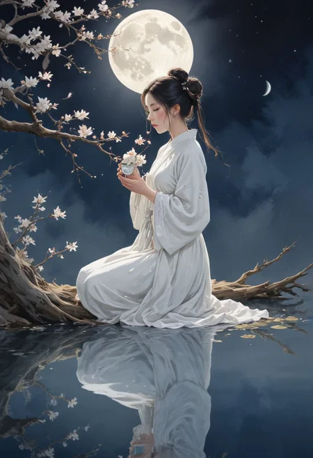 (WaterColour paint effect), -Hanama wine, 1girl, moon, long hair, solo, black hair, dress, branch, hair bun, flower, reflection, chinese clothes, hair ornament, jewelry, bird, earrings, full moon, water, white dress, holding flower, holding, long sleeves, closed eyes, single hair bun, ripples, sky, looking down, full body,anime, <lora:Paint_Effects_SDXL_-_By_DICE:0.7>