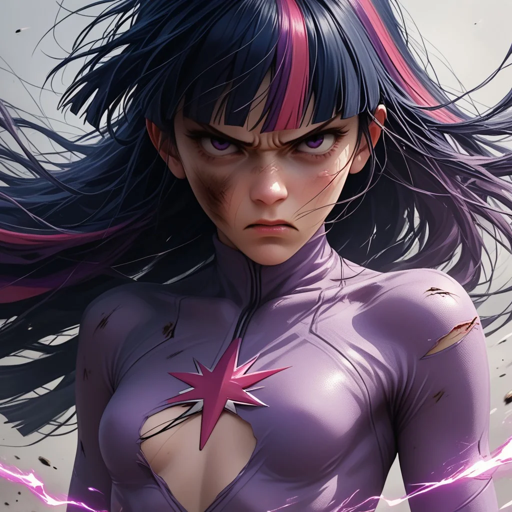 score_9, score_8_up, score_7_up, score_6_up, score_5_up, score_4_up, 1girl, twilight sparkle, superhero, long hair, torn clothes, cuts and bruises, determined look, wind blowing hair, purple energy, small breasts, skinny, covered chest