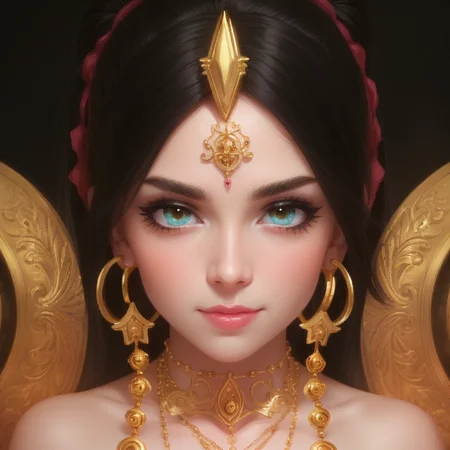 V3rh03v3n:0.67 gold pale milf with teeth and detailed close up face focus photo with a ((glowing strange comb shaped bindi and gold hoop earrings)) and arms and arms and arms and arms, with collar and a chain around her neck and a chain, with a triangle behind her and glowing eyes, simple black background with fog and cinematic lighting BigHeadMode:0.67 with saggy tits and transparent liquid splash in the background