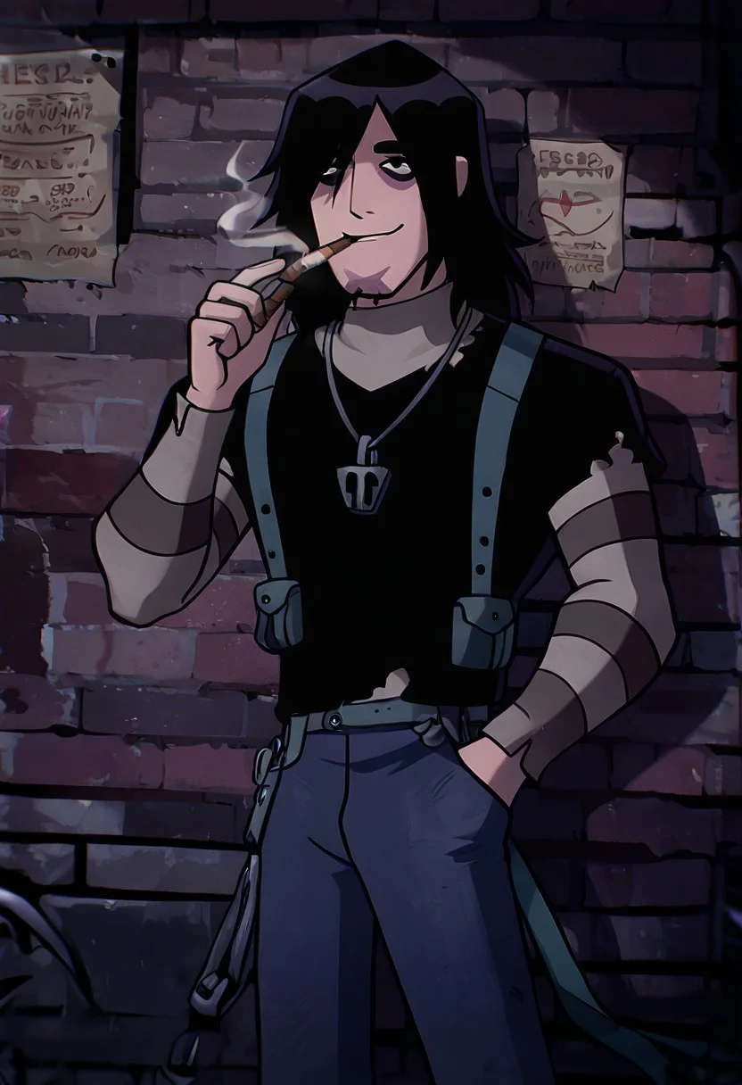 masterpiece, best quality, amazing quality, very aesthetic, absurdres, newest,
kevinov, black hair, bags under eyes, long hair, black eyes, necklace, goatee, layered sleeves, black shirt, long sleeves, short over long sleeves, torn clothes, striped sleeves, jeans, overall belt,
smoking cigar, dynamic pose, dark night, alleyway, invitation, hand in pocket, smile, from bottom, worm view, alleyway, brick walls, missing posters,