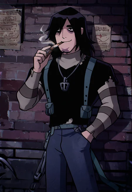 masterpiece, best quality, amazing quality, very aesthetic, absurdres, newest,
kevinov, black hair, bags under eyes, long hair, black eyes, necklace, goatee, layered sleeves, black shirt, long sleeves, short over long sleeves, torn clothes, striped sleeves, jeans, overall belt,
smoking cigar, dynamic pose, dark night, alleyway, invitation, hand in pocket, smile, from bottom, worm view, alleyway, brick walls, missing posters,