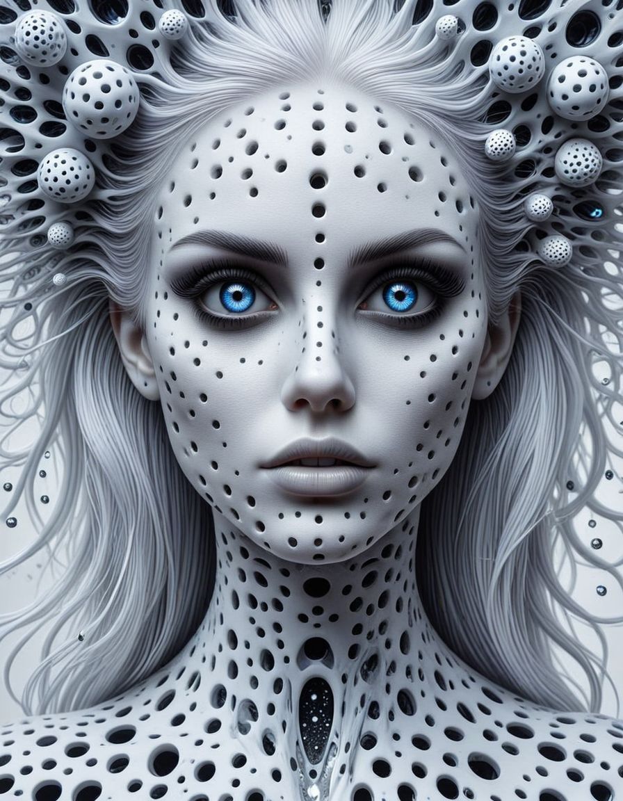 trypophobia,luxart 1girl, solo, long hair, blue eyes, jewelry, white hair, earrings, makeup, surreal, abstract(art monochrome,digital art oil painting,ink,charcoal,double exposure)glass  painting<lora:luxart:1.2>