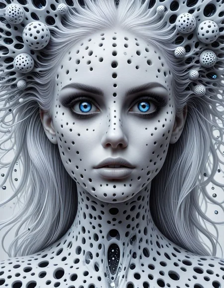 trypophobia,luxart 1girl, solo, long hair, blue eyes, jewelry, white hair, earrings, makeup, surreal, abstract(art monochrome,digital art oil painting,ink,charcoal,double exposure)glass painting<lora:luxart:1.2>